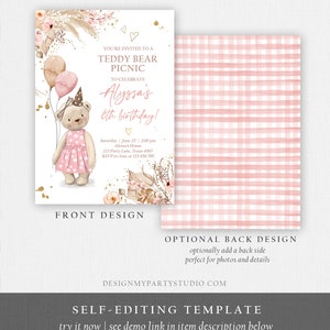 May include: A pink and white teddy bear wearing a pink dress and a party hat. The bear is holding a pink balloon. The background is a pink and white floral design. The text on the invitation reads "You're invited to a Teddy Bear Picnic to celebrate Alyssa's 6th birthday!"