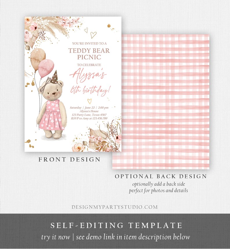 May include: A pink and white teddy bear wearing a pink dress and a party hat. The bear is holding a pink balloon. The background is a pink and white floral design. The text on the invitation reads "You're invited to a Teddy Bear Picnic to celebrate Alyssa's 6th birthday!"