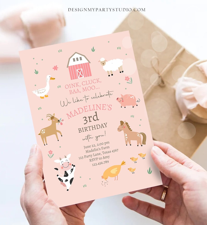May include: Pink and green farm animal themed birthday invitation with the text "OINK, CLUCK, BAA, MOO... We like to celebrate MADELINE'S 3rd BIRTHDAY with you!" June 22, 2:00 pm Madelin's Farm 123 Party Lane, Texas 4567 RSVP to Amy 123.456.789