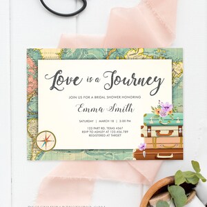 Editable Love is a Journey Bridal Shower Invitation World Map Suitcase Vintage Adventure Purple Lilac Floral Template Corjl Printable 0044 image 2