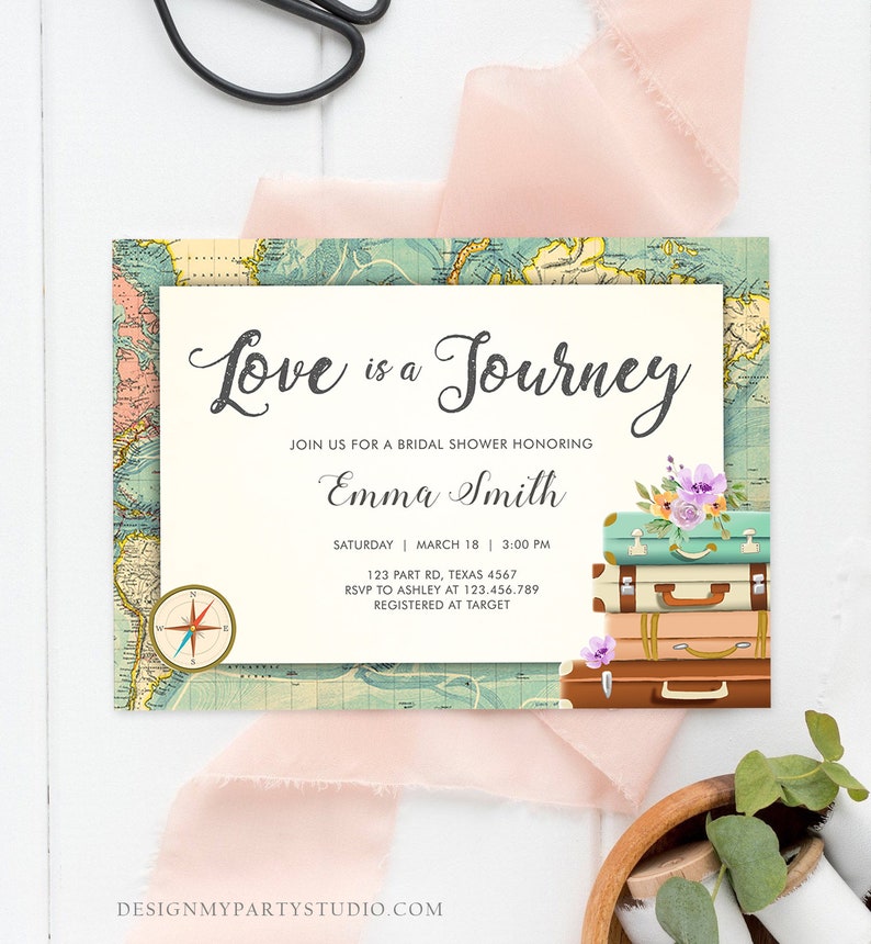 Editable Love is a Journey Bridal Shower Invitation World Map Suitcase Vintage Adventure Purple Lilac Floral Template Corjl Printable 0044 image 2