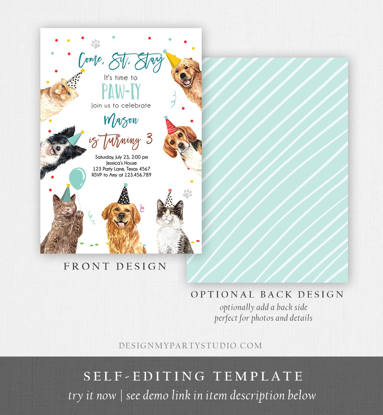 Editable Cats and Dogs Birthday Invitation Cat Dog Birthday Party Boy ...