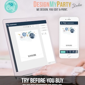 May include: A laptop screen displaying a design template for a newborn announcement card with a space theme. The template features a watercolor illustration of planets, stars, and a rocket ship. The text "NEWBORN" is displayed on the card. The screen is showing a design program with tools for editing and customizing the card.