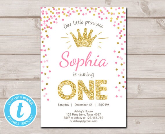 little princess first birthday invitation one pink gold confetti crown instant download printable template digital editable templett 0047 princess first birthday invitations
