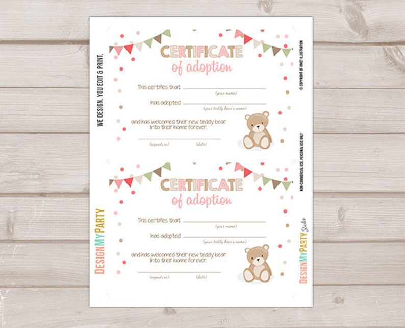 Teddy Bear Adoption Certificate Teddy Bear Birthday Teddy Bear | Etsy