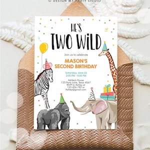 Editable Two Wild Birthday Invitation Safari Animals Party Jungle Zoo Animals Boy Party Animals Download Printable Evite Template 0142