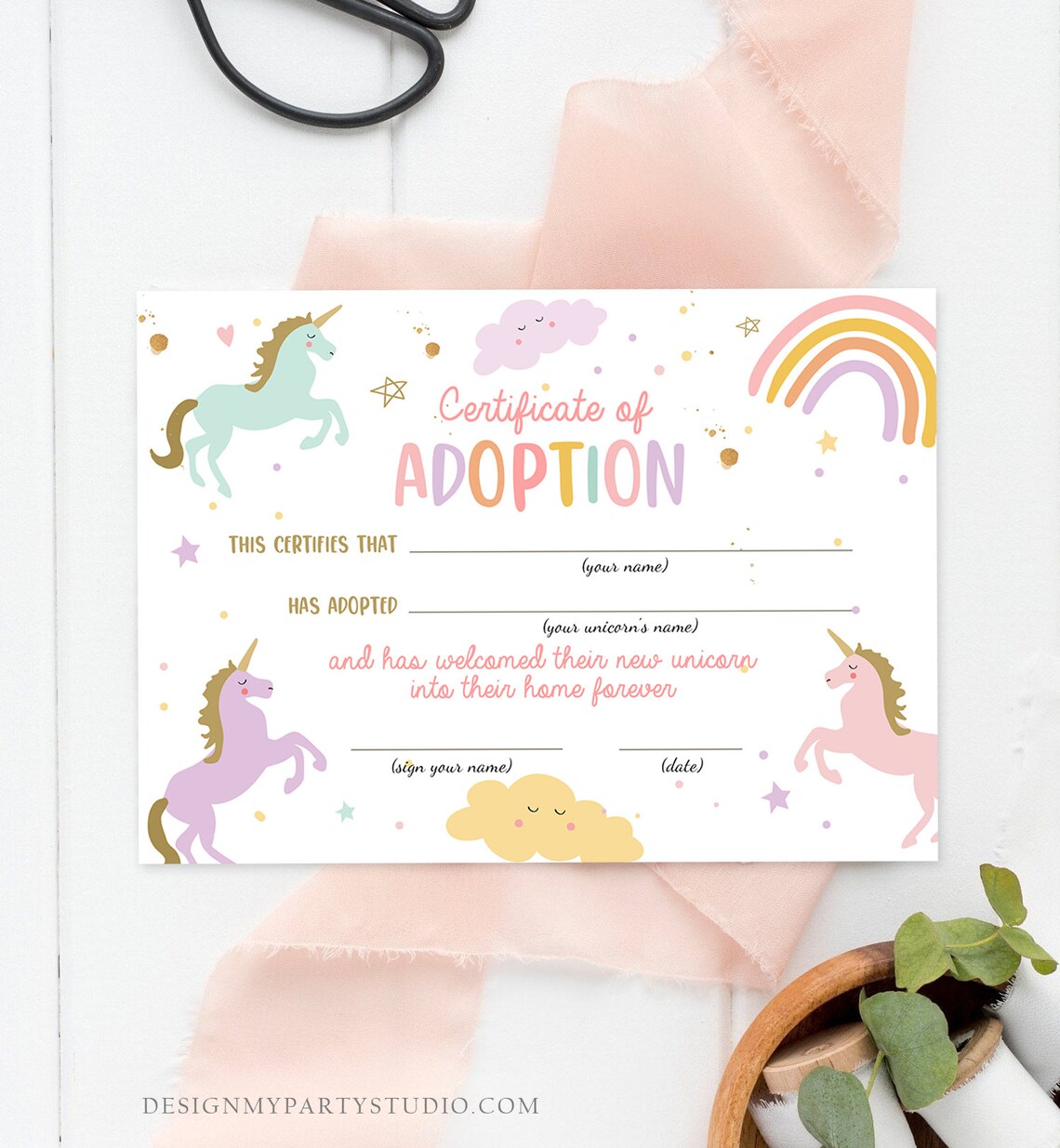 Adopt a Unicorn Certificate Unicorn Adoption Unicorn Birthday Party ...