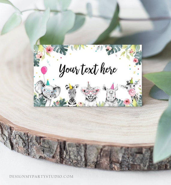Editable Party Animals Food Labels Wild One Pink Girl Jungle Safari Animals Birthday Place Card Tent Card Escort Card Corjl Template 0322 Il_570xn