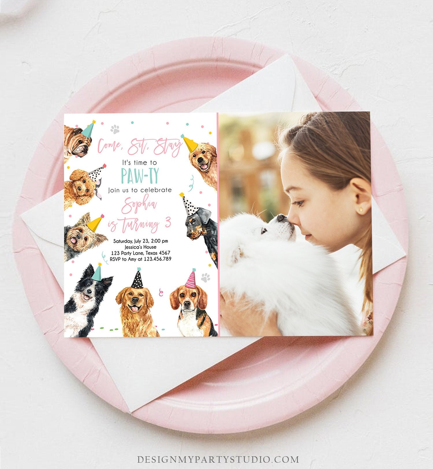 Editable Dog Birthday Party Invitation Puppy Birthday Invite Pink Girl ...