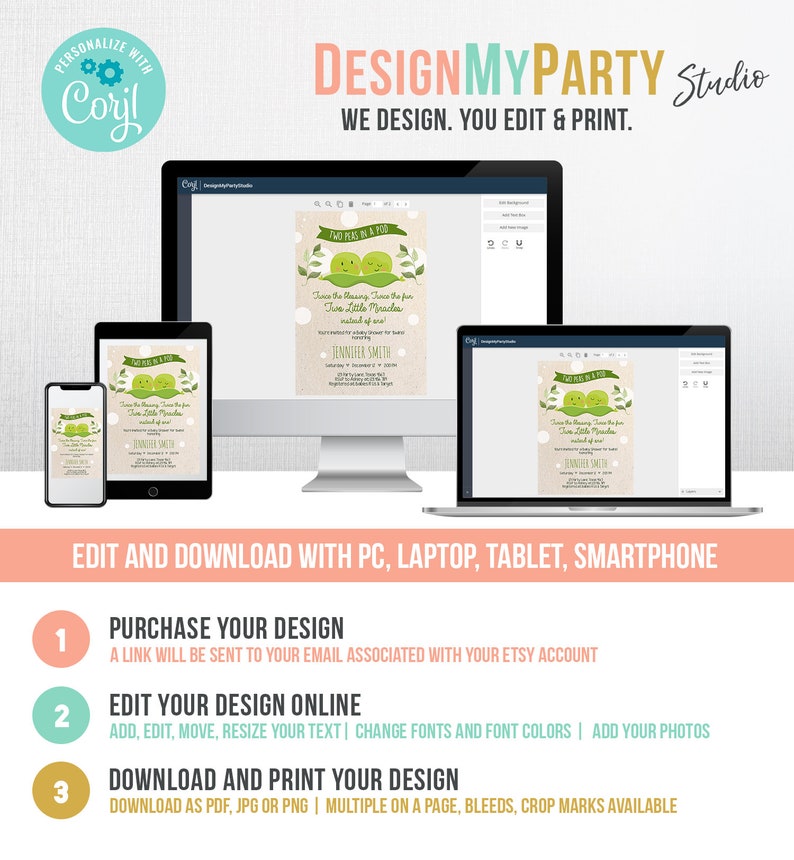 May include: A digital mockup of a printable invitation for a twin baby shower. The invitation features two peas in a pod with the text "Two Peas in a Pod" and "Save the Date" for the baby shower. The invitation is customizable with text and photos.