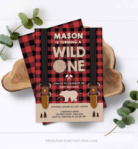 Editable Lumberjack Wild One Birthday Invitation First Birthday Forest Trees Red Plaid Outdoor Bear Boy 1st Printable Corjl Template 0026 Il_570xn