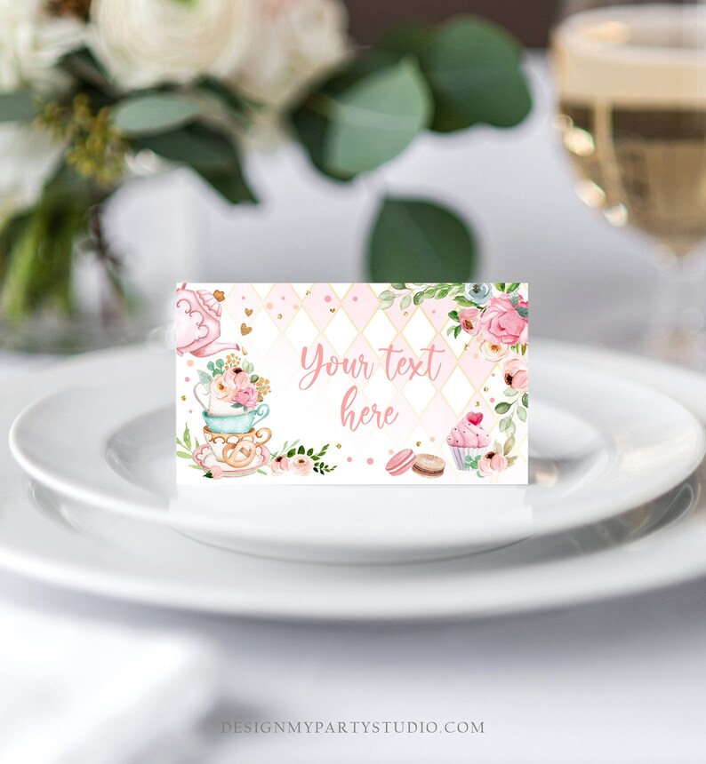 Editable Tea Party Food Label Tea Place Card Tent Card Escort Card ParTea Tea for Two Decor Girl Floral Pink Printable Corjl
