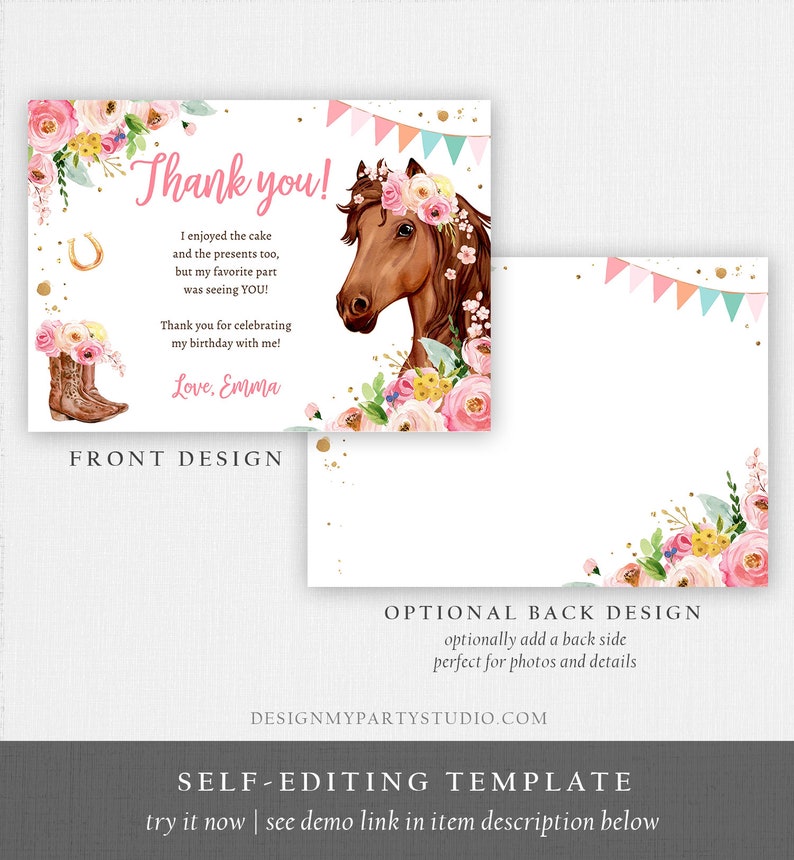 Editable Horse Thank You Card Note Girl Birthday Party Cowgirl ...