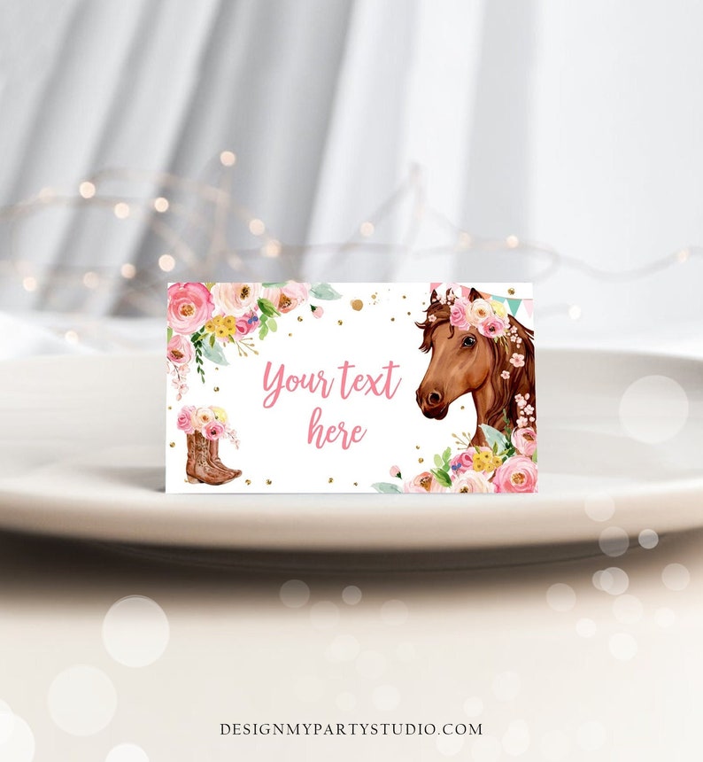 Editable Horse Birthday Food Tent Cards Horse Labels Cowgirl Party Place Cards Girl Pink Floral Pony Saddle Up Printable Template Corjl 0408 image 1