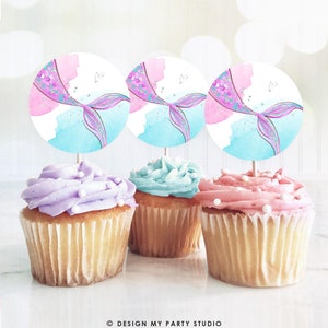 Mermaid Birthday Cupcake Toppers Mermaid Favor Tags Mermaid Birthday Under The Sea Girl Pink Purple Silver Stickers Digital Printable 0403