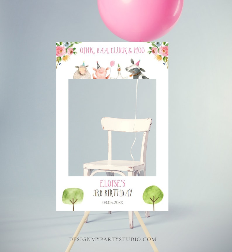 Editable Farm Animals Birthday Photo Prop Frame Barnyard Birthday Pink Girl Party Photo Booth Decor Farm Animals Template