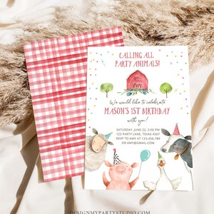 May include: A red and white gingham background with a white invitation card. The invitation card has a red barn with a white X on the side, green trees, and a blue sky. The text on the card reads "Calling all party animals! We would like to celebrate Mason's 1st Birthday with you! Saturday, June 22, 2:00 PM 123 Party Lane, Texas 4567 RSVP to Amy at 123.456.789 or Amy@gmail.com DesignMyPartyStudio.com". There are also illustrations of a pig, sheep, goose, and cow wearing party hats.