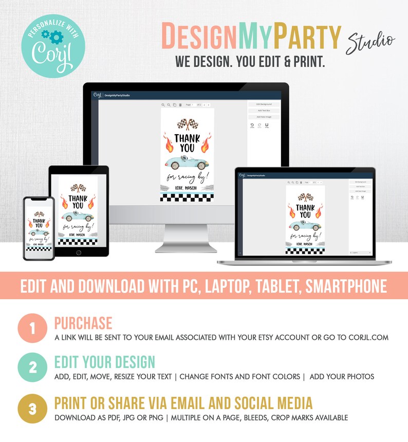 May include: Editable thank you card template for a racing themed party. The card features a blue car with red flames, a checkered flag, and the text "Thank You for racing by!"  The card is displayed on a computer screen, tablet, and smartphone.