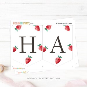Peut inclure: Banni&egrave;re imprimable avec les lettres "HA" en noir, d&eacute;cor&eacute;e de fraises aquarelle rouges et vertes. La banni&egrave;re est con&ccedil;ue pour une f&ecirc;te et comprend le texte "DESIGNMYPARTY Studio" et "DESIGNMYPARTYSTUDIO.COM".