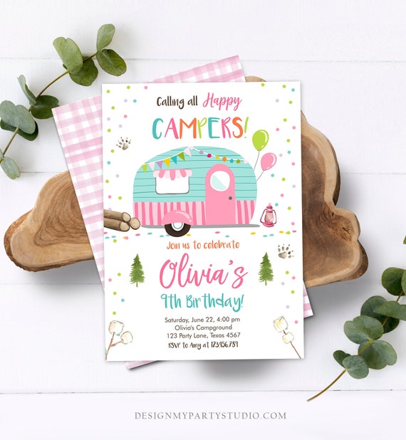 Editable Happy Camper Birthday Invitation Girl Pink Camping Party Pink Camper Glamping Download Printable Template Digital Corjl 0342 Il_570xn