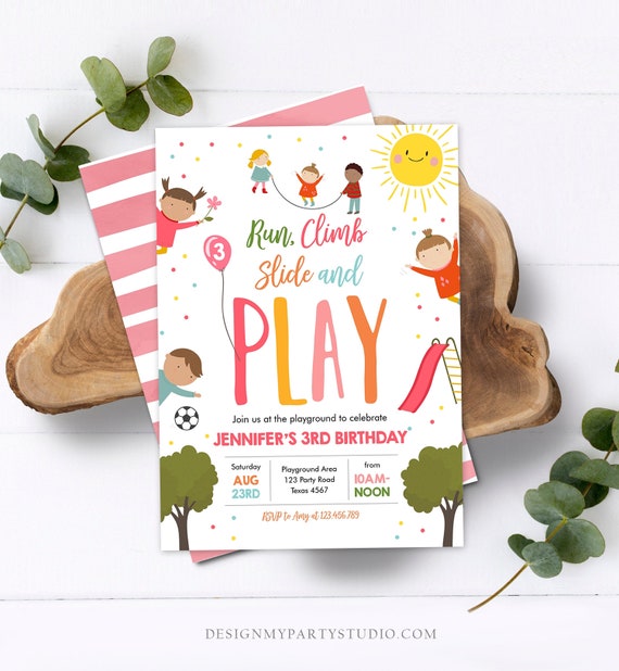 Editable Playground Birthday Invitation Party In The Park Girl Pink Run Climb Slide and Play Download Printable Template Corjl Digital 0327 Il_570xn