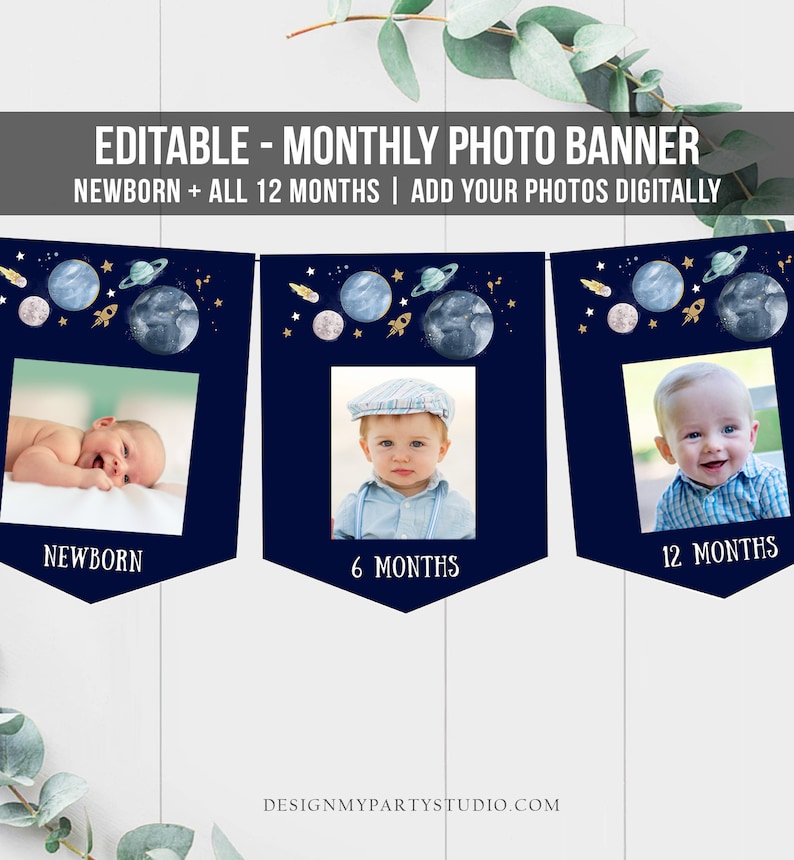 Editable Outer Space Birthday Banner Monthly Photo Banner First Trip Around the Sun Galaxy Digital Download Corjl Template Printable 0357 image 1