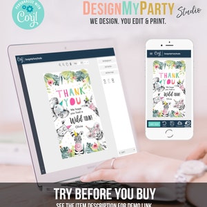 K&ouml;nnte beinhalten: Ein digitales Mockup einer Dankeskarte mit Dschungeltier-Motiv. Die Karte zeigt ein Zebra, einen Elefanten, eine Giraffe und einen Affen mit dem Text "Danke" in Rosa, Blau und Gr&uuml;n. Der Text "Wir hoffen, du hattest eine wilde Zeit!" ist in Rosa und Gr&uuml;n. Der Name "Olivia" steht am unteren Rand der Karte.