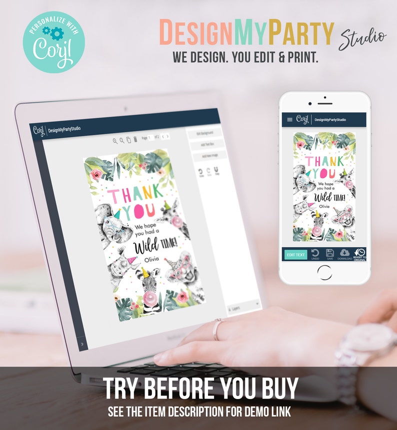 K&ouml;nnte beinhalten: Ein digitales Mockup einer Dankeskarte mit Dschungeltier-Motiv. Die Karte zeigt ein Zebra, einen Elefanten, eine Giraffe und einen Affen mit dem Text "Danke" in Rosa, Blau und Gr&uuml;n. Der Text "Wir hoffen, du hattest eine wilde Zeit!" ist in Rosa und Gr&uuml;n. Der Name "Olivia" steht am unteren Rand der Karte.