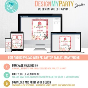 May include: A digital design template for a welcome sign for a farm-themed birthday party. The sign features a red barn, a pig, a sheep, and a cow. The text on the sign reads "Welcome to Mason's 1st Birthday Party!"
