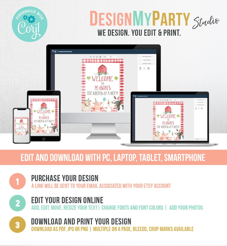 May include: A digital design template for a welcome sign for a farm-themed birthday party. The sign features a red barn, a pig, a sheep, and a cow. The text on the sign reads "Welcome to Mason's 1st Birthday Party!"
