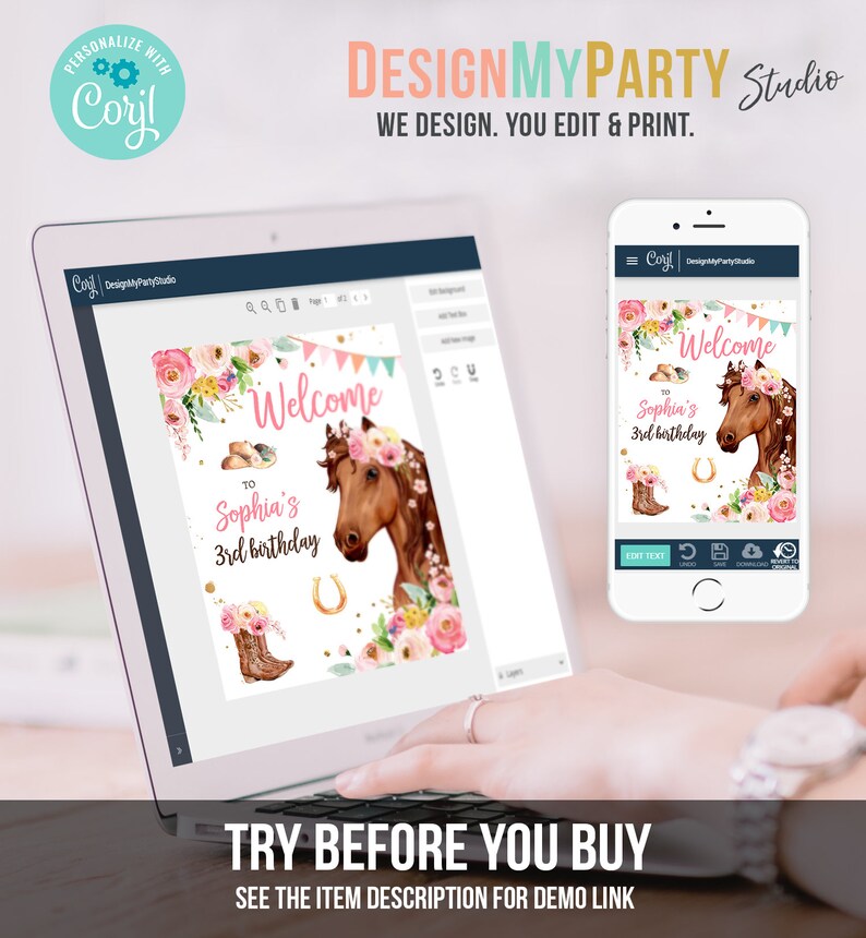 Redigerbar välkomstskylt för hästfödelsedag, välkomstskylt för ponnyfödelsedag, cowgirlfest, blommig flicka, hästfest, nedladdningsmall Corjl UTSKRIVBAR 0408 bild 5