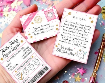 May include: Pink tooth fairy receipt with a gold star design. The receipt is for Sophie, who lost a tooth on 03/05/20XX. The receipt includes a tooth condition rating scale with a payment of $2.