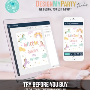 K&ouml;nnte beinhalten: Ein digitales Mockup eines druckbaren Geburtstagsschildes mit Einhorn-Motiv. Das Schild zeigt einen Regenbogen, Wolken, Sterne und den Text "Willkommen zu Olivia's 5th Birthday".
