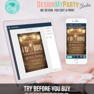 May include: A computer screen displaying a customizable invitation template for an I Do BBQ engagement party. The template features a rustic wooden background with string lights and a ring. The text on the invitation reads "Please join us for an I Do BBQ to celebrate the engagement of Josh & Ashley".