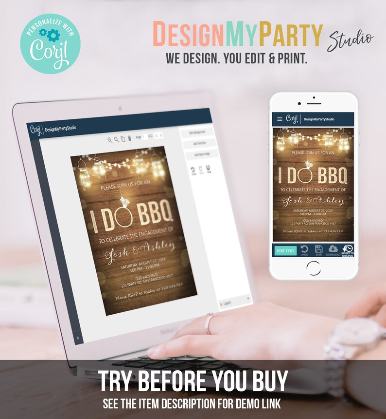 May include: A computer screen displaying a customizable invitation template for an I Do BBQ engagement party. The template features a rustic wooden background with string lights and a ring. The text on the invitation reads "Please join us for an I Do BBQ to celebrate the engagement of Josh & Ashley".