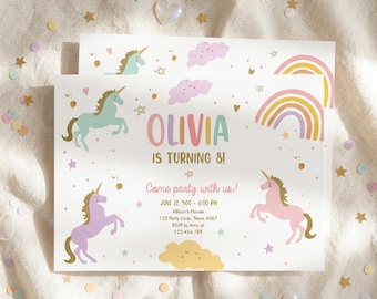 May include: A rectangular birthday invitation card featuring illustrations of unicorns, rainbows, and clouds. The text reads: OLIVIA IS TURNING 8! Come party with us! JUNE 22, 4:00 - 6:00 PM, Allison's House, 123 Party Lane, Texas 4567, RSVP to Amy at 123.456.789.