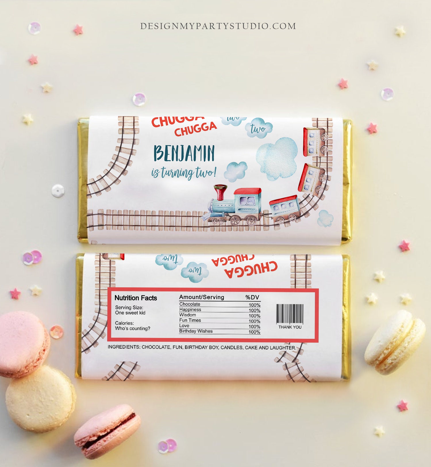 Train Wrapper Pattern Editable Candy Bar Wrapper Vintage Train Chugga Choo Second Birthday ...