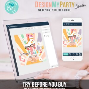 May include: A digital design template for a party invitation featuring a colorful retro roller skate with a rainbow background and the text "Thanks for rollin' with me! Love, Marley".