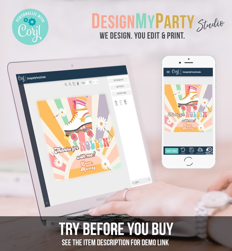 May include: A digital design template for a party invitation featuring a colorful retro roller skate with a rainbow background and the text "Thanks for rollin' with me! Love, Marley".