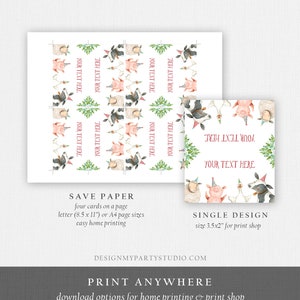 May include: Printable party favor tags featuring a pig, cow, and sheep wearing party hats. The tags are white with pink and black accents. The text "YOUR TEXT HERE" is repeated on each tag. The tags are designed to be printed on 8.5 x 11 inch paper.