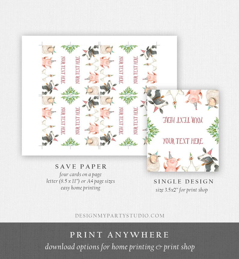 May include: Printable party favor tags featuring a pig, cow, and sheep wearing party hats. The tags are white with pink and black accents. The text "YOUR TEXT HERE" is repeated on each tag. The tags are designed to be printed on 8.5 x 11 inch paper.