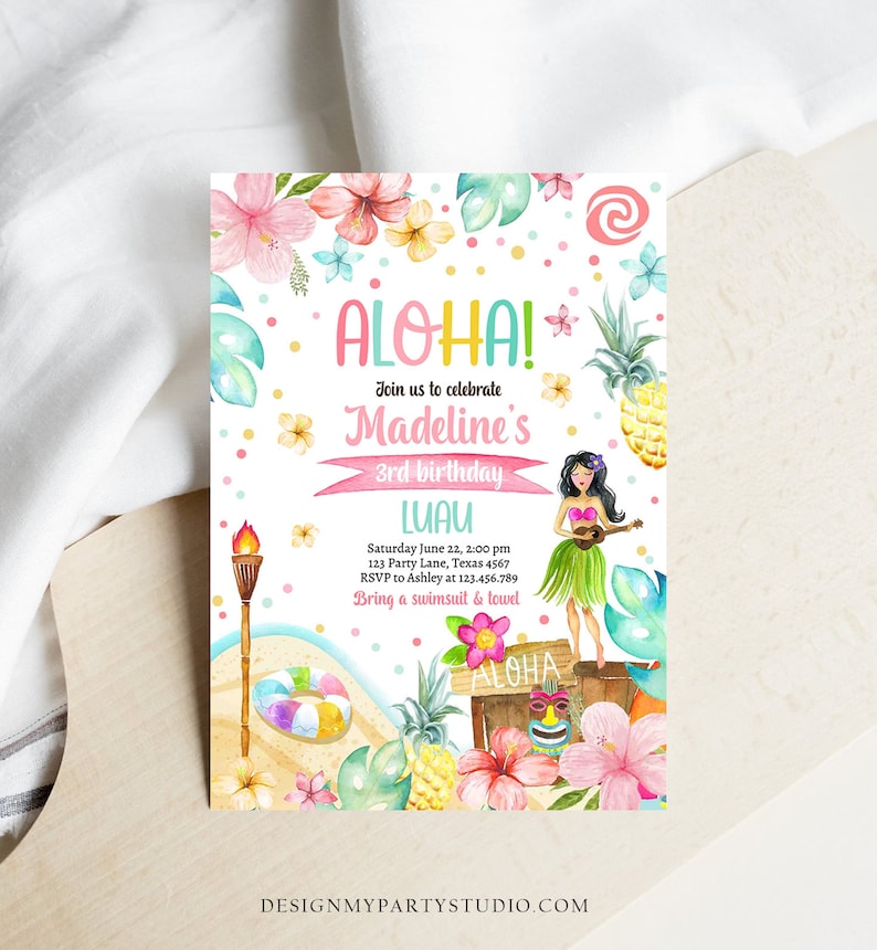 Editable Hawaiian Luau Birthday Invitation Tropical Pool Party Luau Party Hawaiian Birthday Aloha Download Corjl Template Printable 0413 image 3