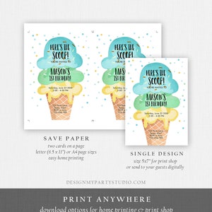 May include: Printable invitation for a 1st birthday party with an ice cream cone theme. The invitation features a watercolor illustration of a three-scoop ice cream cone with sprinkles and the text "Here's the Scoop! You're invited to Mason's 1st Birthday!"  The invitation also includes the date and time of the party, the address, and RSVP information.