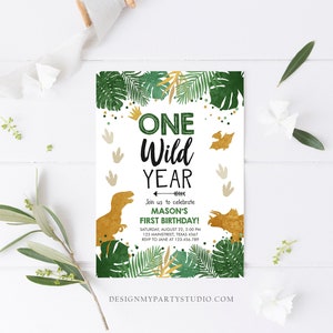 Editable One Wild Year Birthday Invitation Gold Dinosaur Dino Party Boy First Birthday 1st Wild One Party Corjl Template Printable 0146 image 2