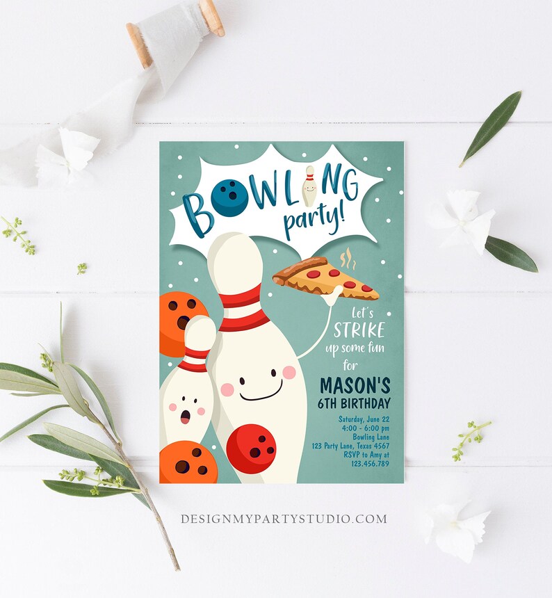 May include: A blue and green invitation for a bowling party. The invitation features a cartoon bowling pin with a smiling face and a slice of pizza. The text on the invitation reads "Bowling party! Let's strike up some fun for Mason's 6th Birthday".