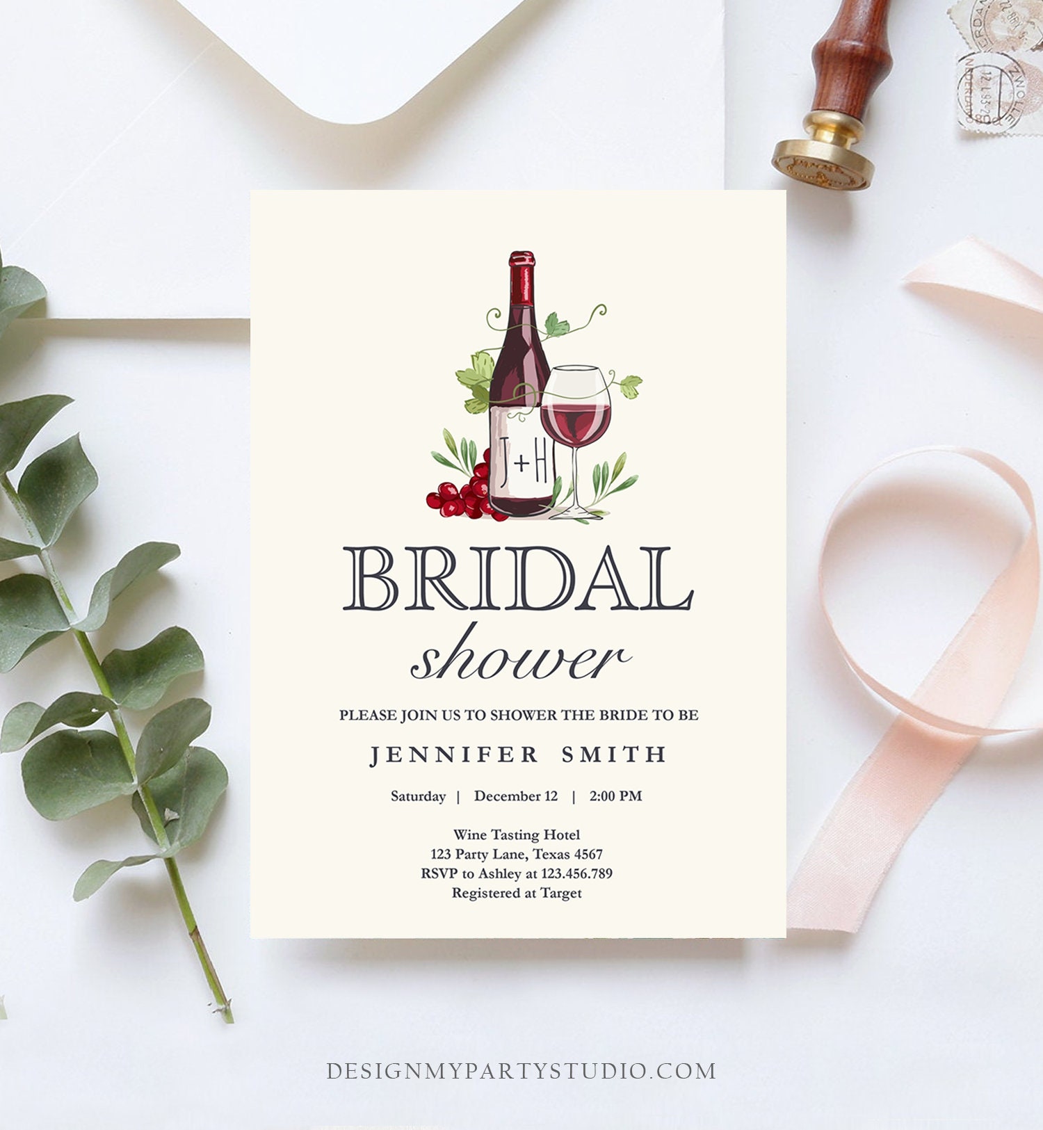 Paper & Party Supplies Wine Bridal Shower Printable 5 x 7 Invitation