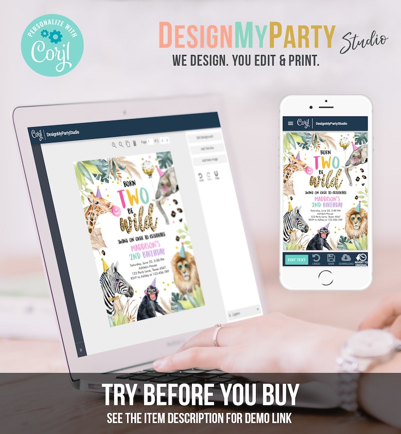 Editable Birthday Invitation Girl Born Two Be Wild Party Animals Invite Safari Zoo Birthday Download Printable Template Digital Corjl 0417 image 8