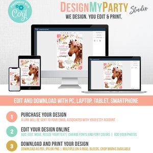 Puede incluir: Una plantilla de dise&ntilde;o digital para una invitaci&oacute;n de fiesta de cumplea&ntilde;os con tem&aacute;tica de caballos. La invitaci&oacute;n presenta un caballo marr&oacute;n con una corona de flores rosas y el texto "Saddle Up!" y "Sophia cumple 3 a&ntilde;os". El dise&ntilde;o est&aacute; disponible para su compra y se puede editar en l&iacute;nea.