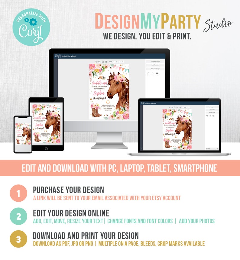 Puede incluir: Una plantilla de dise&ntilde;o digital para una invitaci&oacute;n de fiesta de cumplea&ntilde;os con tem&aacute;tica de caballos. La invitaci&oacute;n presenta un caballo marr&oacute;n con una corona de flores rosas y el texto "Saddle Up!" y "Sophia cumple 3 a&ntilde;os". El dise&ntilde;o est&aacute; disponible para su compra y se puede editar en l&iacute;nea.