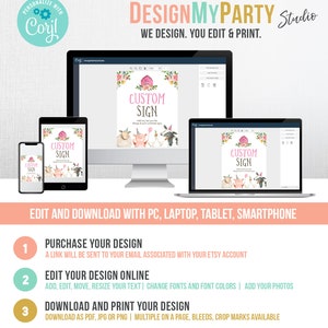 May include: A digital mockup of a customizable sign with a pink and white floral design. The sign features a farmhouse theme with a pig, sheep, and chicken. The text on the sign reads "Custom Sign". The image also shows a computer screen, tablet, and smartphone, indicating that the sign can be edited and downloaded digitally.